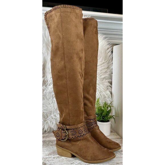 NOT RATED Beval Over-The-Knee Riding Boots Women’s Size 7 Cognac Lazer Cut West - Picture 1 of 14